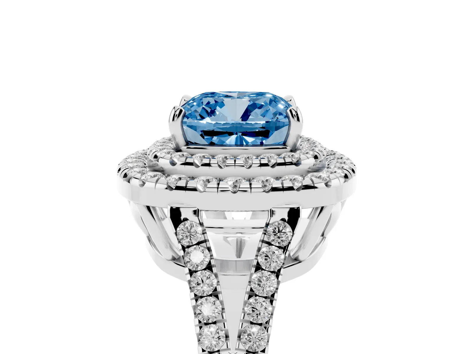 Fancy Blue Cushion Cut Diamond Double Halo Ring with Pavé Band and Prong Setting Platinum