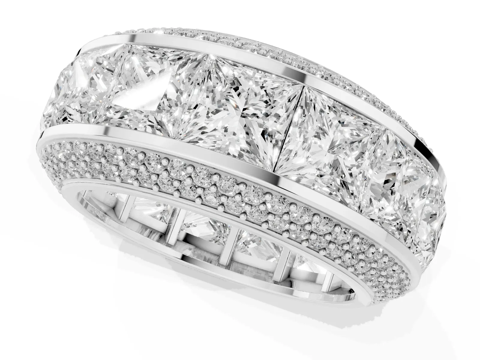 Princess Diamond Pavé Mens Wedding Band with Round Diamond Accents Platinum