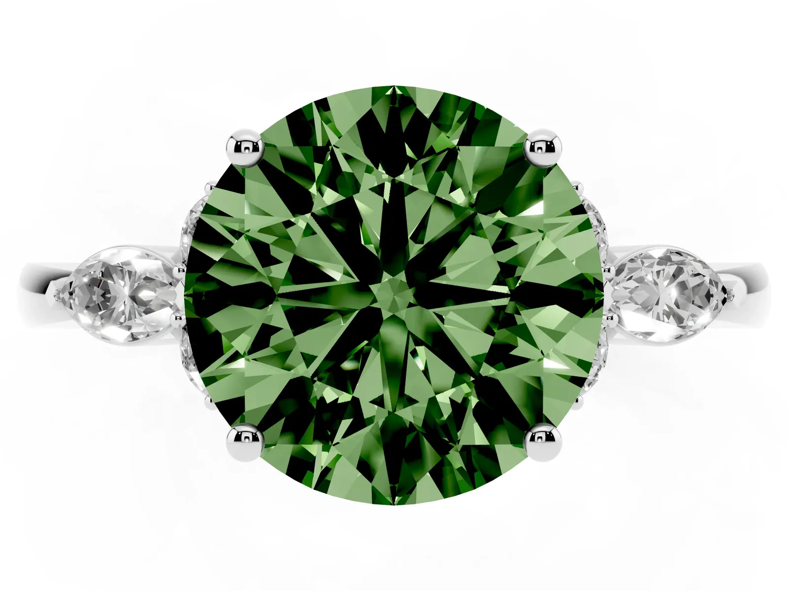 Fancy Green Round Cut Brilliant Diamond Solitaire Ring with Pear Side Stones and Four-Prong Setting Platinum