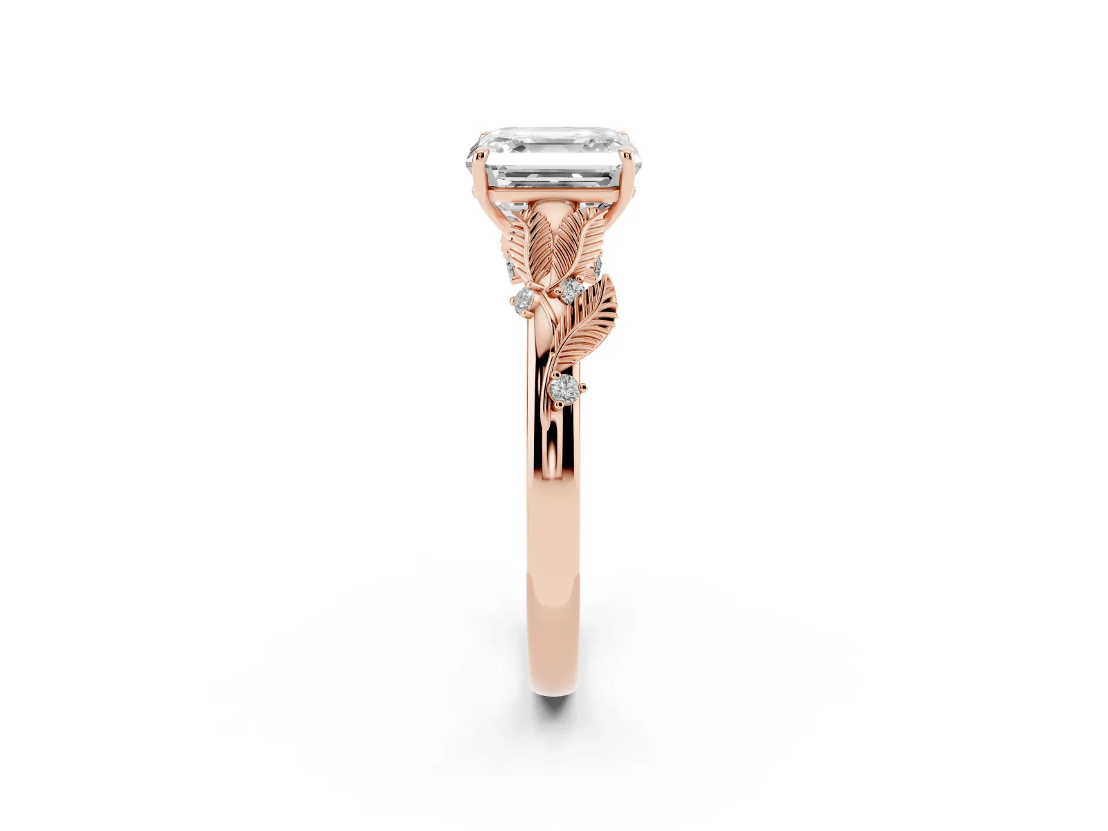 Asscher Cut Diamond Solitaire Ring with Leaf Motif Band and Four-Prong Setting Rose gold