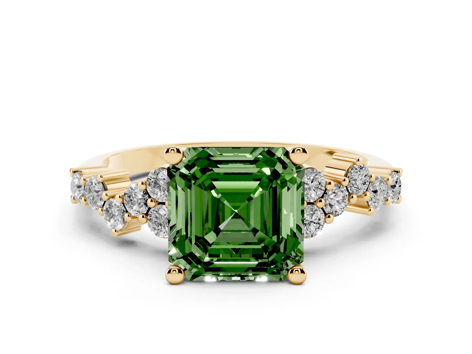 Fancy Green Asscher Cut Diamond Scattered Round Accent Ring with Prong Setting Yellow gold