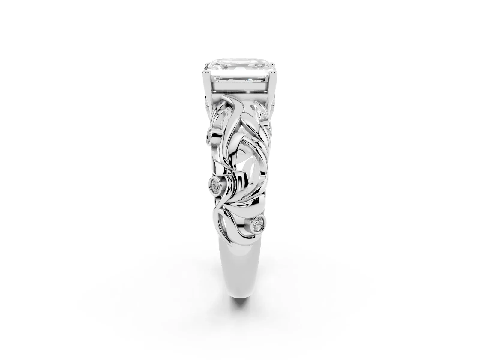 Asscher Cut Solitaire Diamond Leaf-Inspired Vine Band Ring with Prong Setting Silver