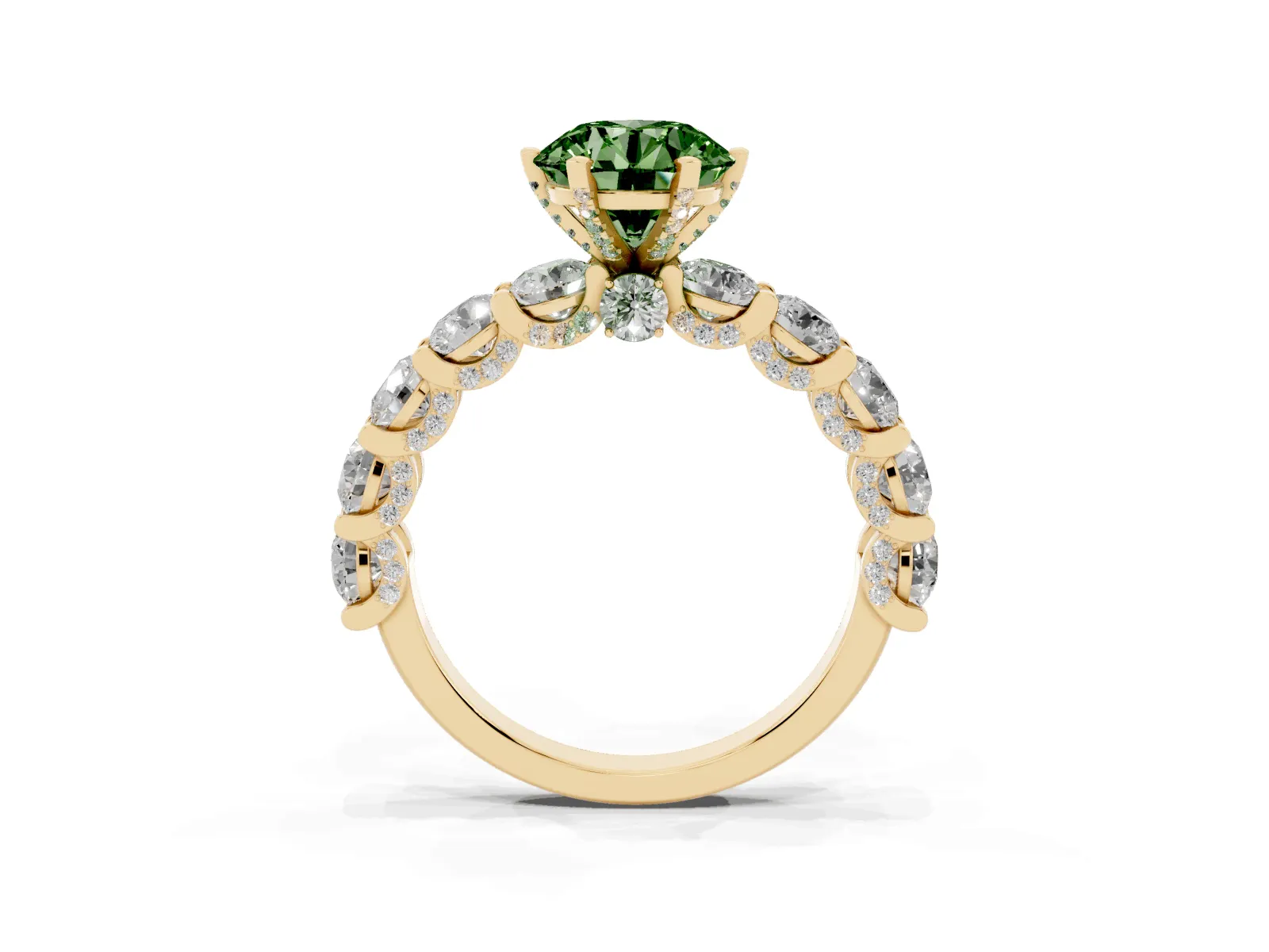 Fancy Green Round Cut Diamond Side Stone Engagement Ring with Four-Prong Setting Yellow gold
