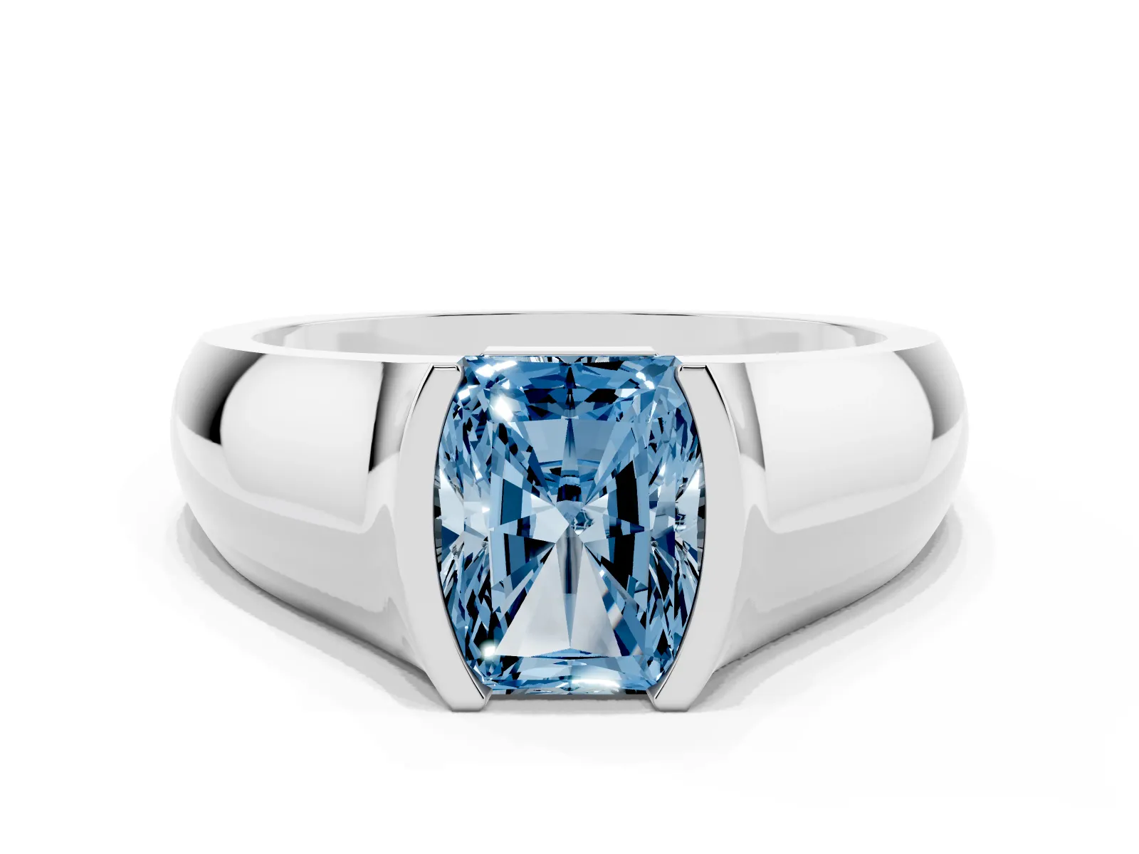 Fancy Blue Radiant Cut Solitaire Bezel Set Diamond Ring with Wide Band White gold
