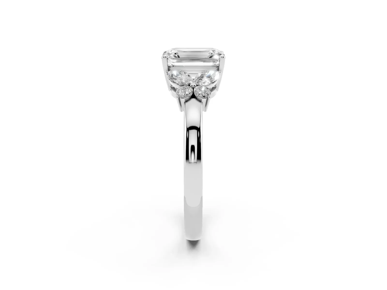 Emerald Cut Cut Solitaire Floral Diamond Ring with Four-Prong Setting Platinum