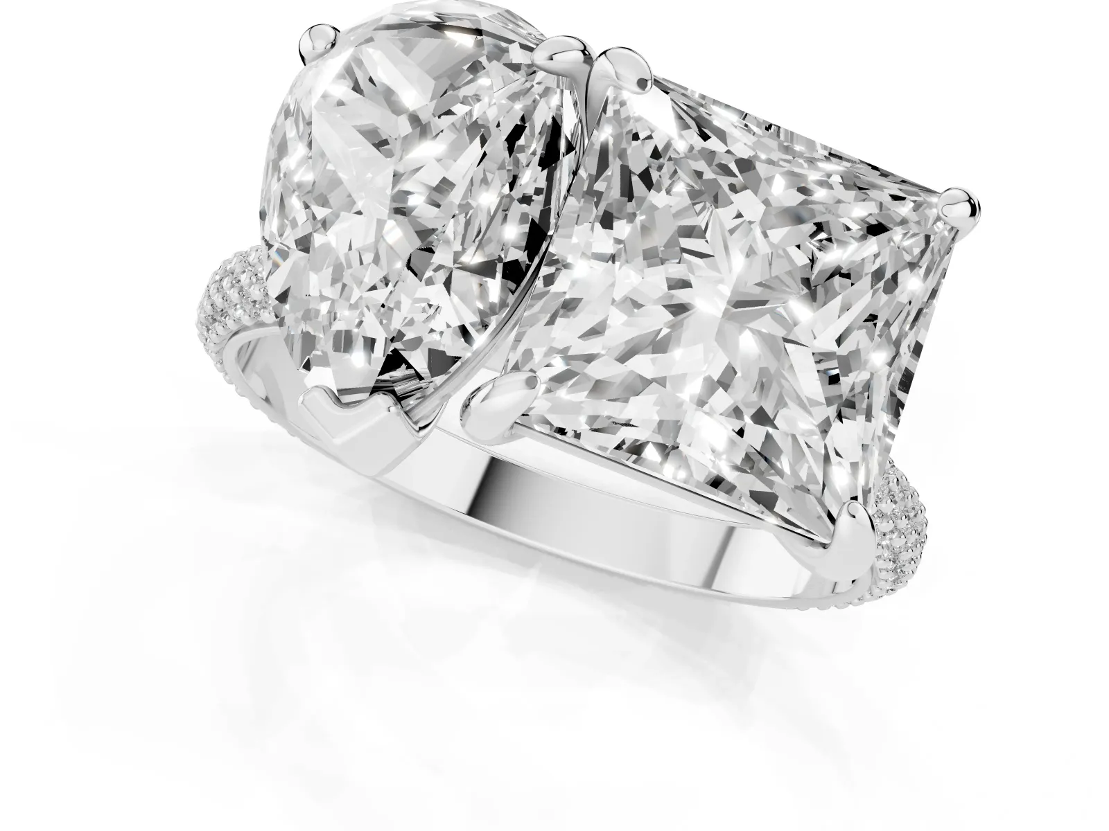 Pear and Princess Toi Moi Ring with Prong Setting and Pave Band Platinum