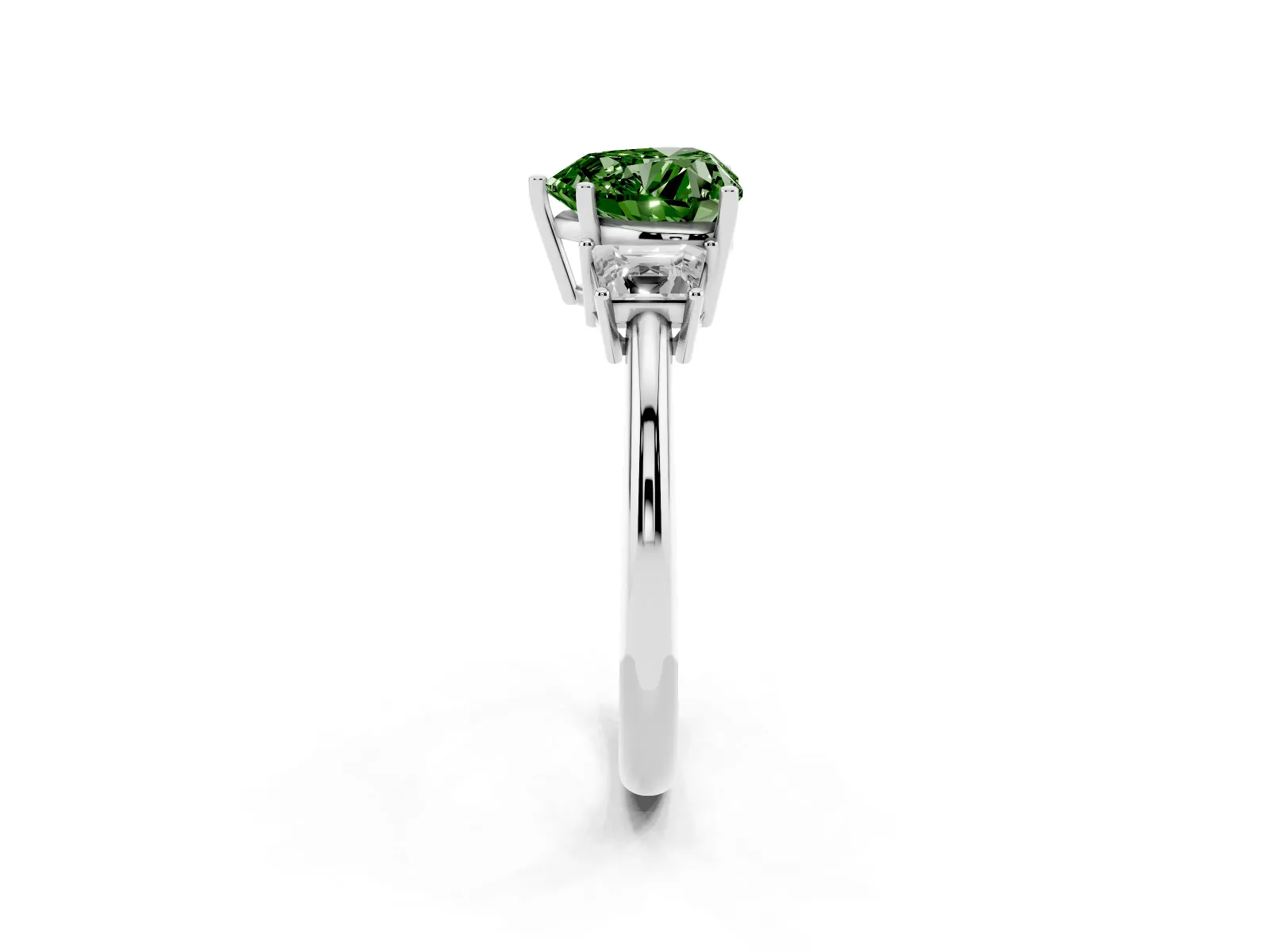 Fancy Green Heart Cut Diamond Three-Stone Ring with Trapezoid Side Stones and Prong Setting White gold