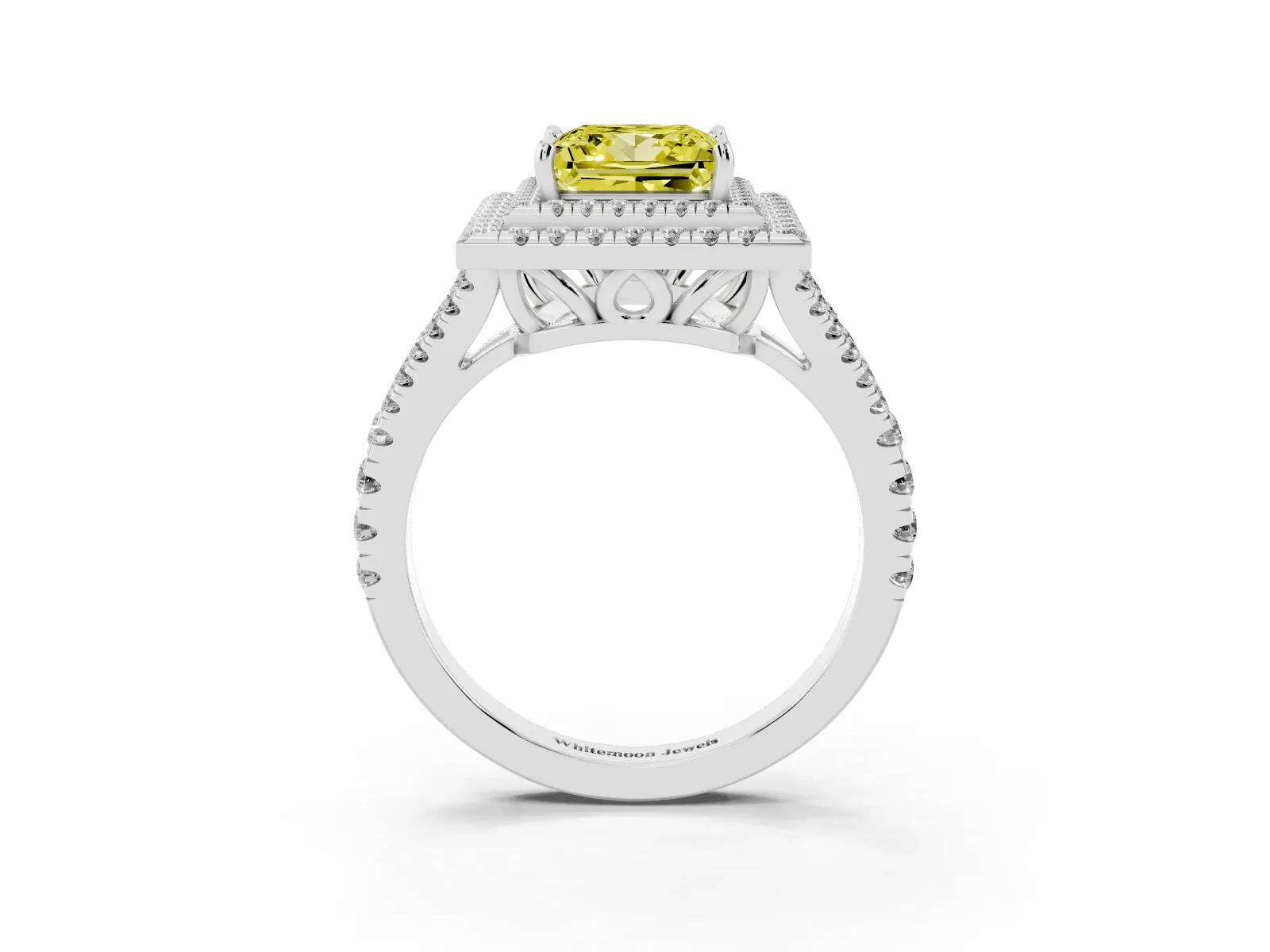 Fancy Yellow Princess Cut Diamond Double Halo Ring with Pavé Band and Prong Setting Platinum