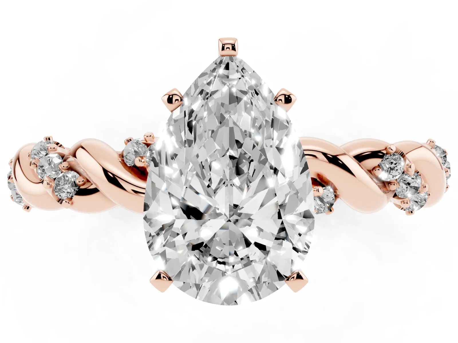 Pear Cut Diamond Solitaire Ring with Twisted Band and Pavé Accents Rose gold