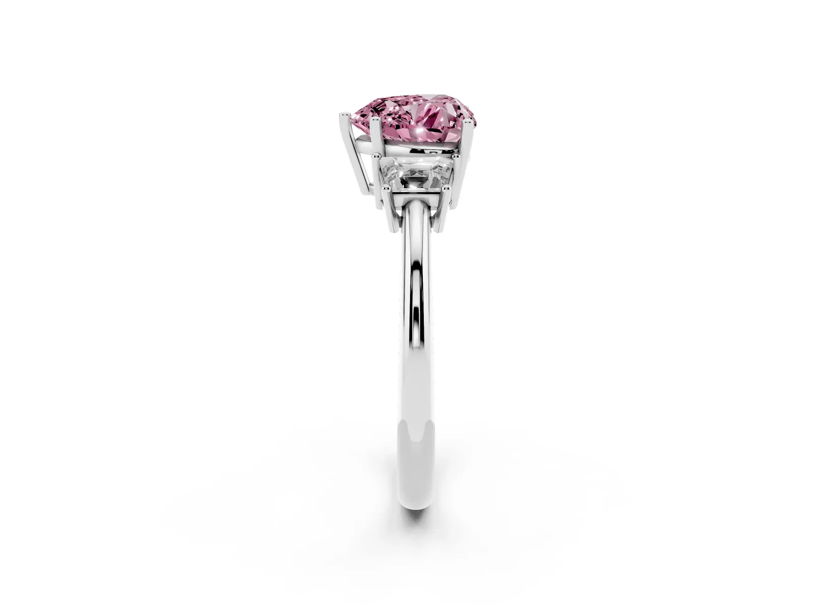 Fancy Pink Heart Cut Diamond Three-Stone Ring with Trapezoid Side Stones and Prong Setting White gold