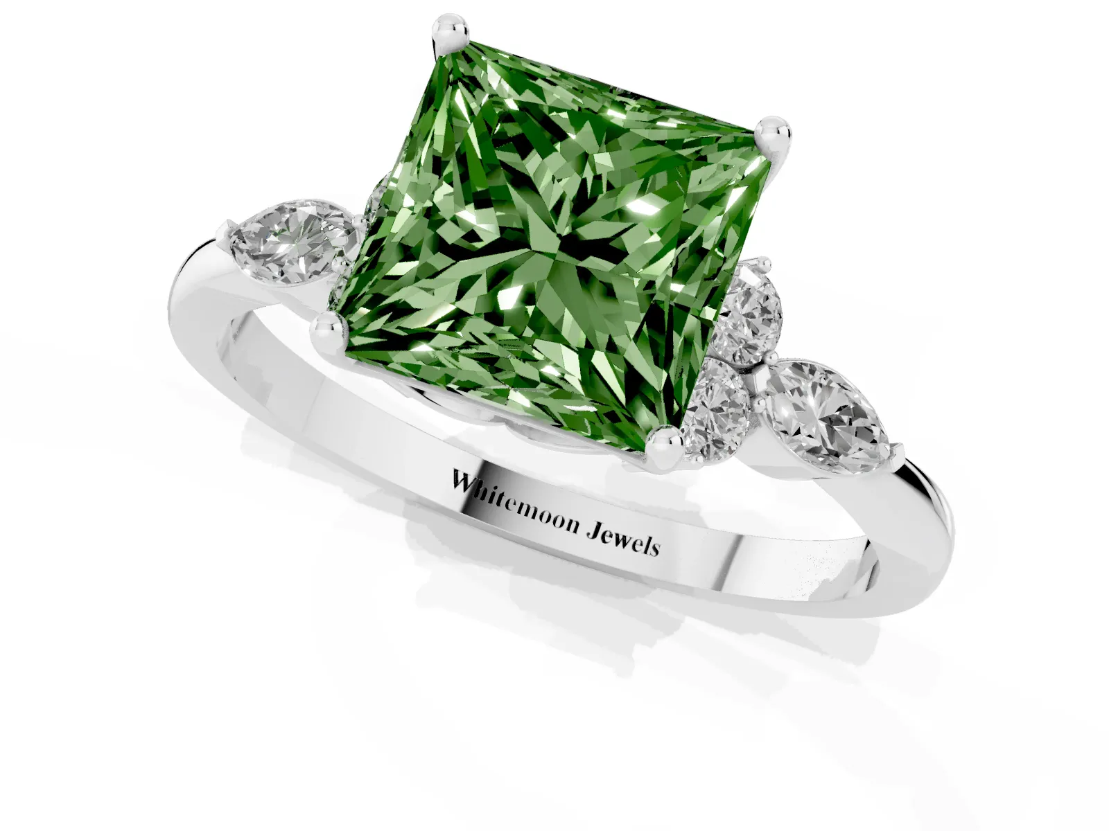 Fancy Green Princess Cut Brilliant Diamond Solitaire Ring with Pear Side Stones and Four-Prong Setting Platinum