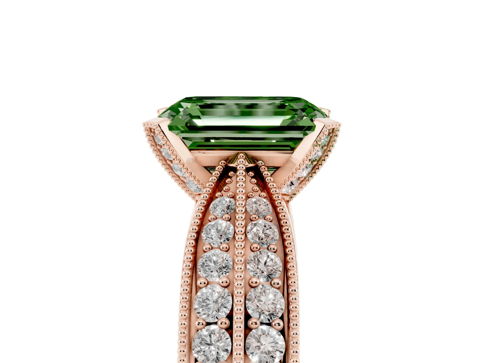 Fancy Green Emerald Cut Diamond Solitaire Ring with Milgrain Round Pavé Band and Prong Setting Rose gold