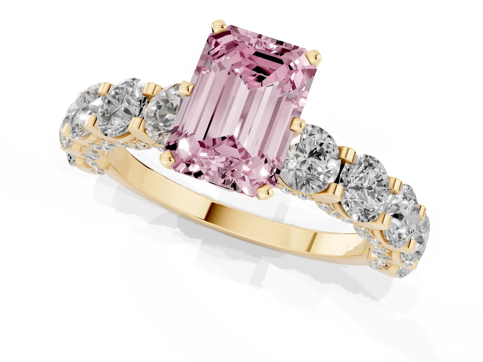 Fancy Pink Emerald Cut Diamond Side Stone Engagement Ring with Four-Prong Setting Yellow gold