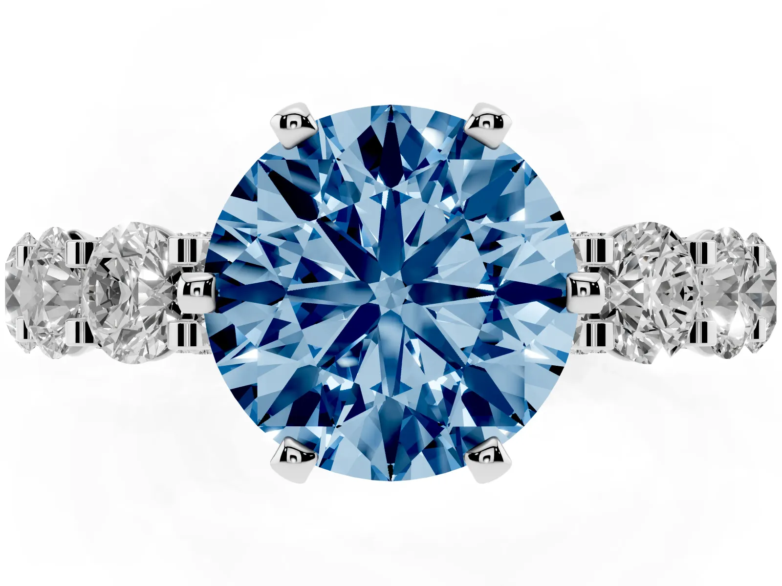 Fancy Blue Round Cut Diamond Side Stone Engagement Ring with Four-Prong Setting Platinum