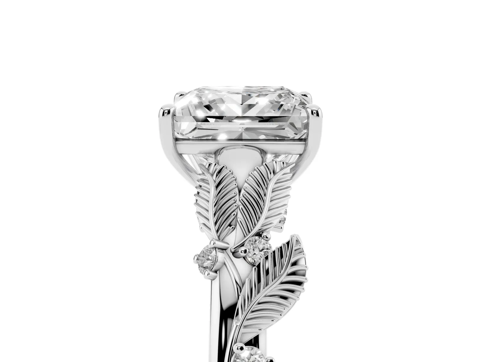 Princess Cut Diamond Solitaire Ring with Leaf Motif Band and Four-Prong Setting Platinum