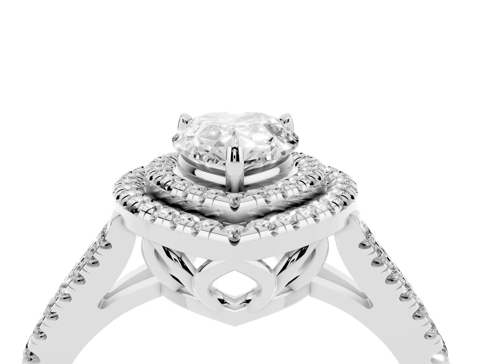 Pear Cut Diamond Double Halo Ring with Pavé Band and Prong Setting Platinum