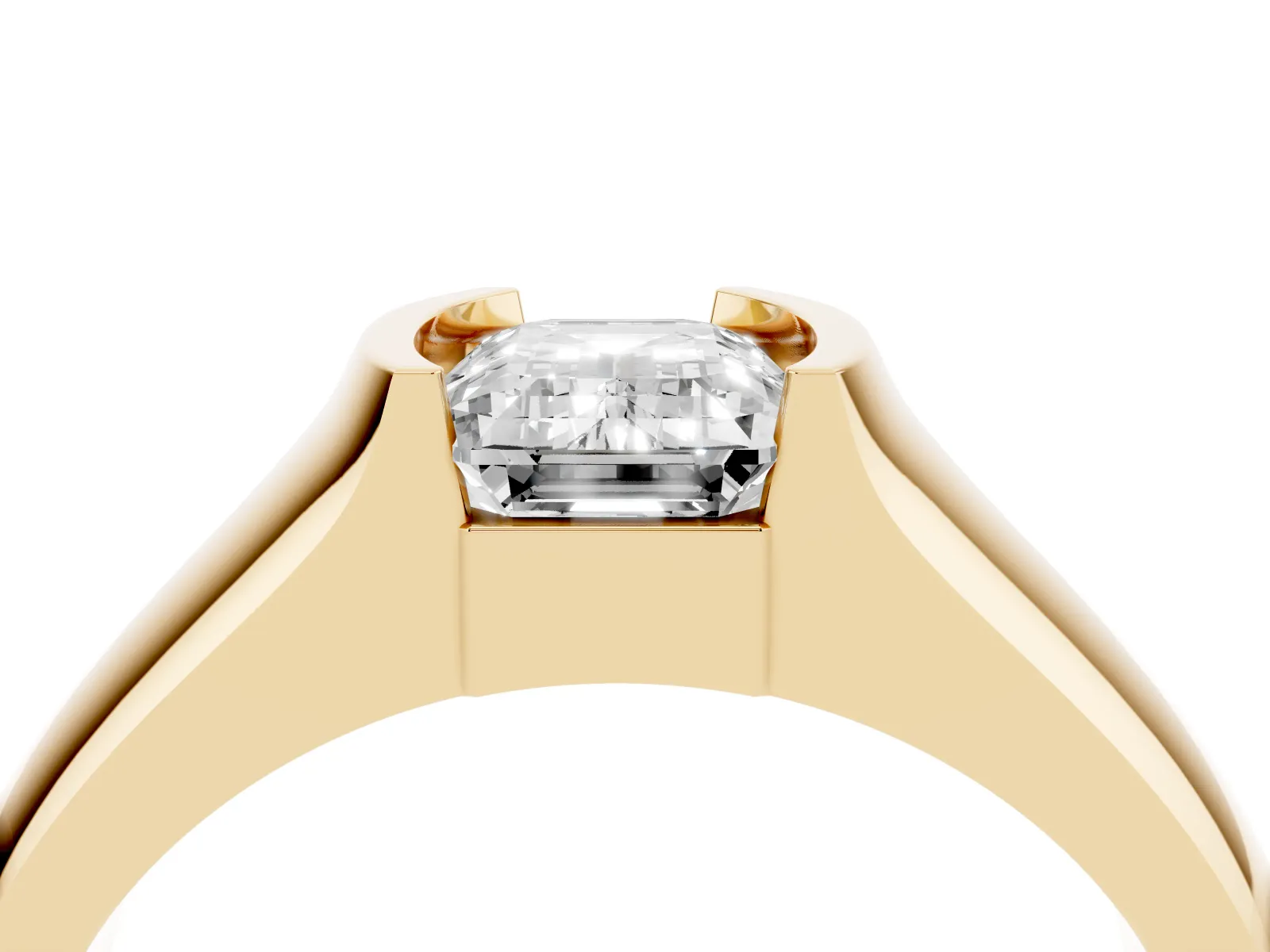Emerald Cut Solitaire Bezel Set Diamond Ring with Wide Band Yellow gold
