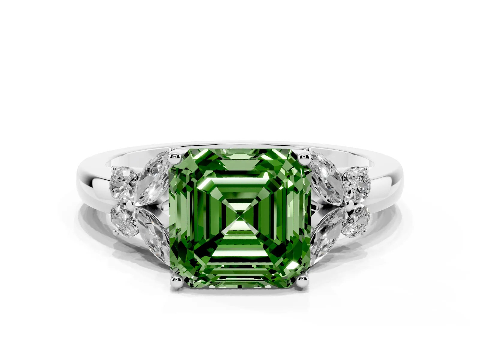Fancy Green Asscher Cut Cut Solitaire Floral Diamond Ring with Four-Prong Setting Platinum