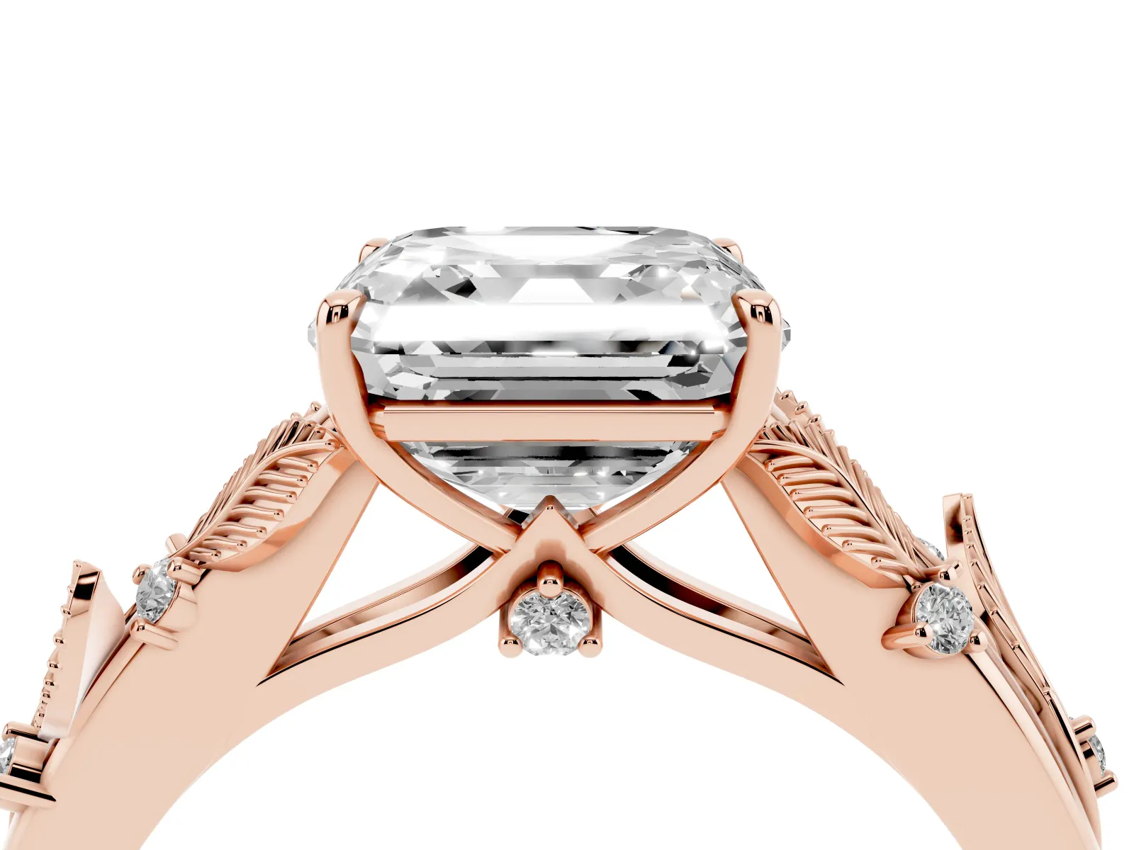 Asscher Cut Diamond Solitaire Ring with Leaf Motif Band and Four-Prong Setting Rose gold