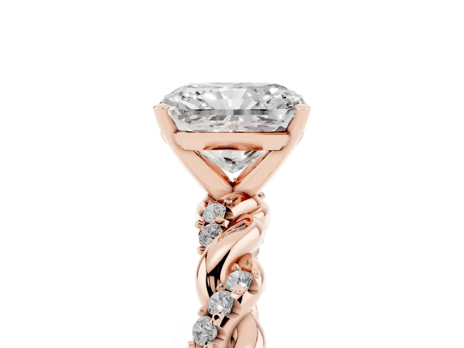 Radiant Cut Diamond Solitaire Ring with Twisted Band and Pavé Accents Rose gold