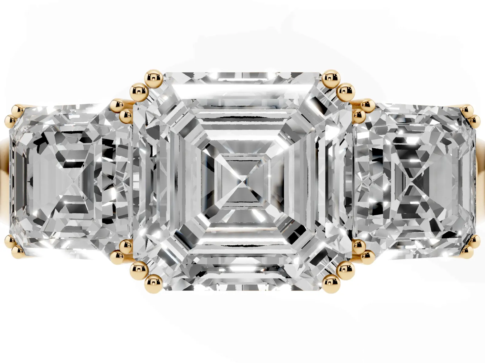 Three-Stone Asscher Cut Cut Diamond Ring with Channel Set Band and Four-Prong Setting Yellow gold
