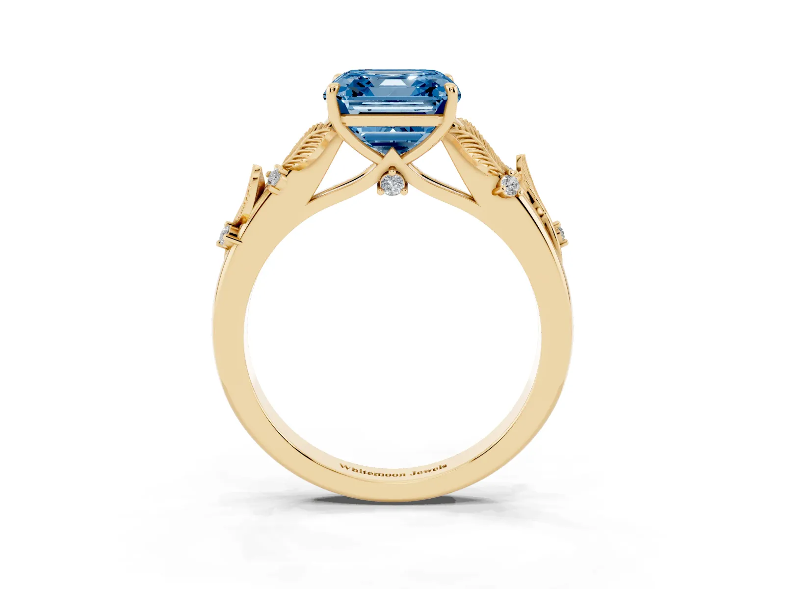 Fancy Blue Asscher Cut Diamond Solitaire Ring with Leaf Motif Band and Four-Prong Setting Yellow gold