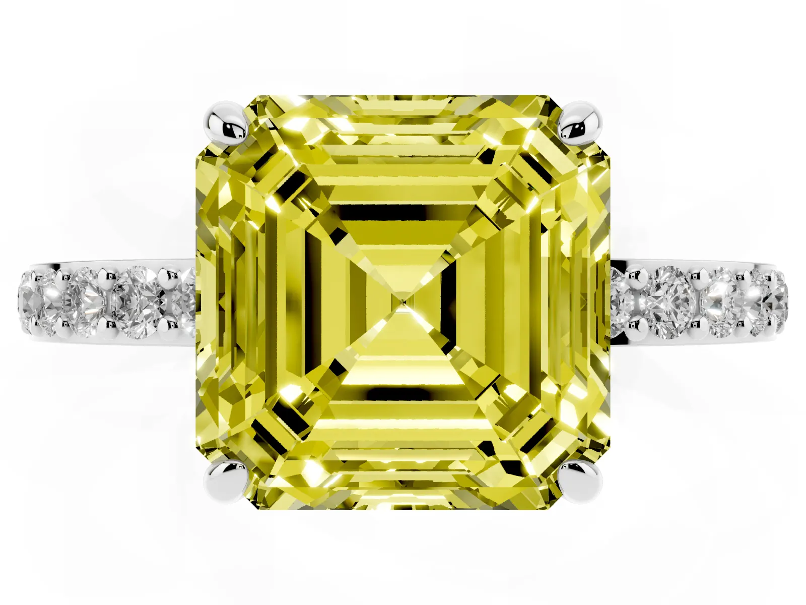 Fancy Yellow Asscher Cut Diamond Solitaire Engagement Ring with Pavé Band and Four-Prong Setting White gold