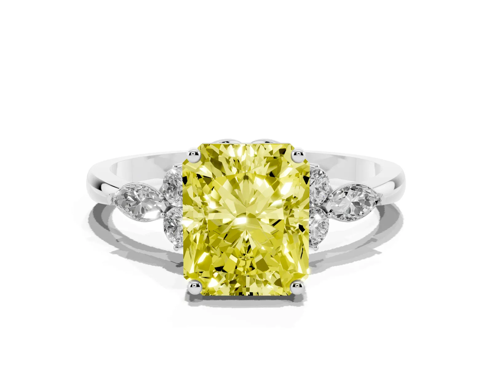 Fancy Yellow Radiant Cut Brilliant Diamond Solitaire Ring with Pear Side Stones and Four-Prong Setting White gold