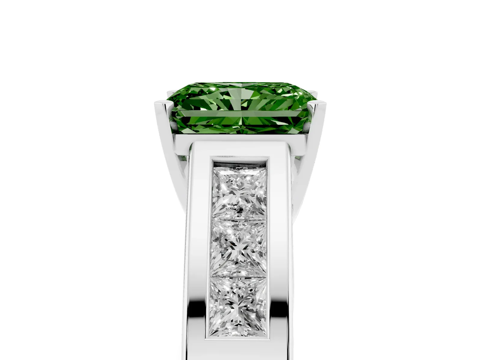 Fancy Green Radiant Cut Cut Channel Set Solitaire Ring with Four-Prong Setting Platinum