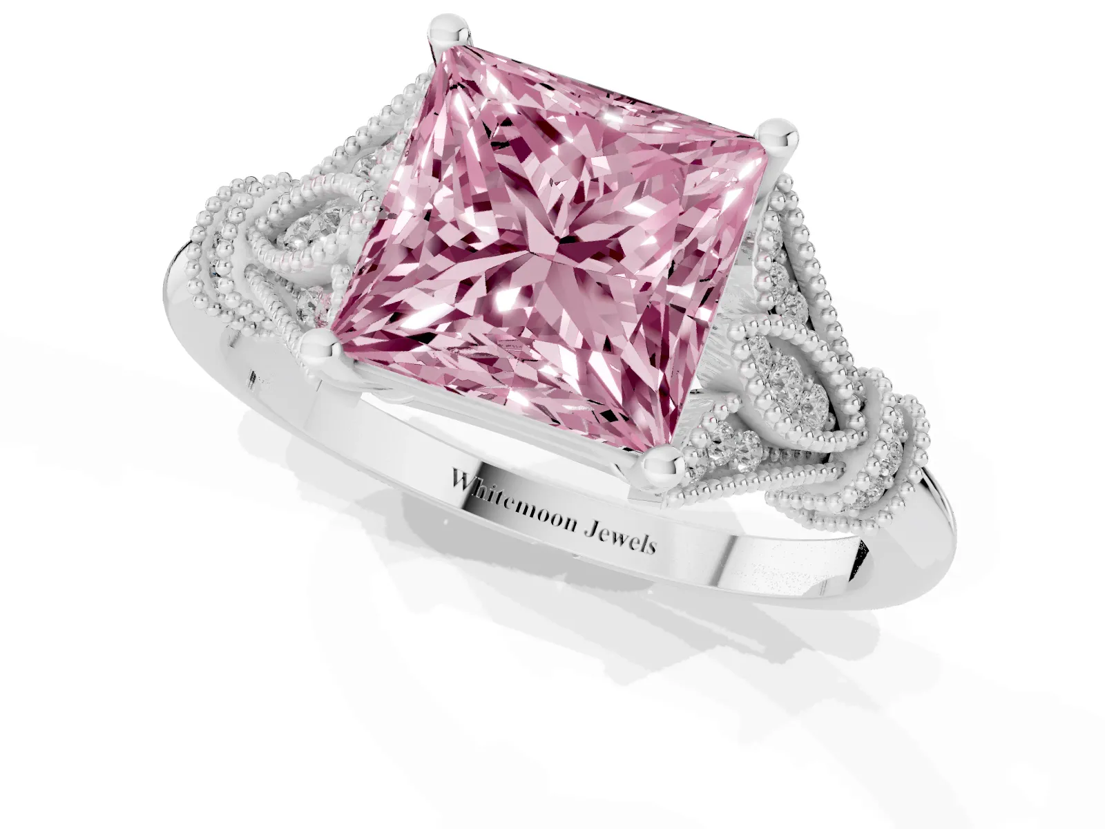 Fancy Pink Princess Cut Diamond Solitaire Ring with Floral Filigree and Pave Accents Platinum