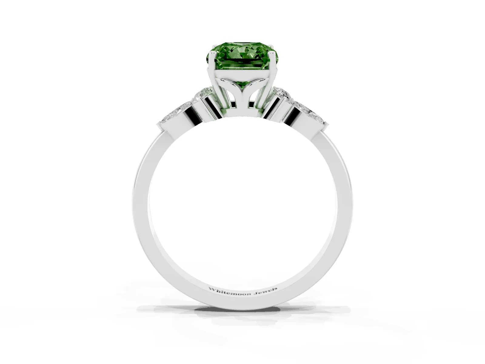 Fancy Green Radiant Cut Brilliant Diamond Solitaire Ring with Pear Side Stones and Four-Prong Setting White gold