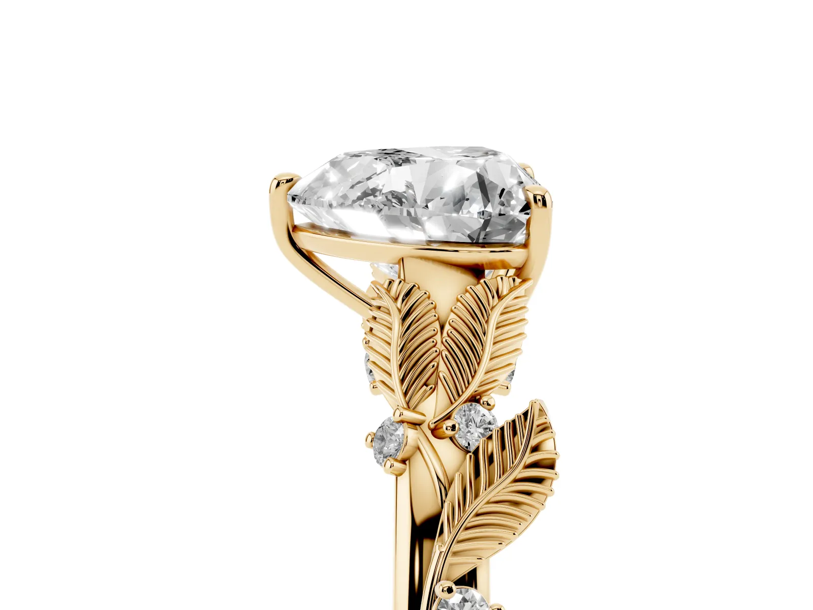 Heart Cut Diamond Solitaire Ring with Leaf Motif Band and Four-Prong Setting Yellow gold