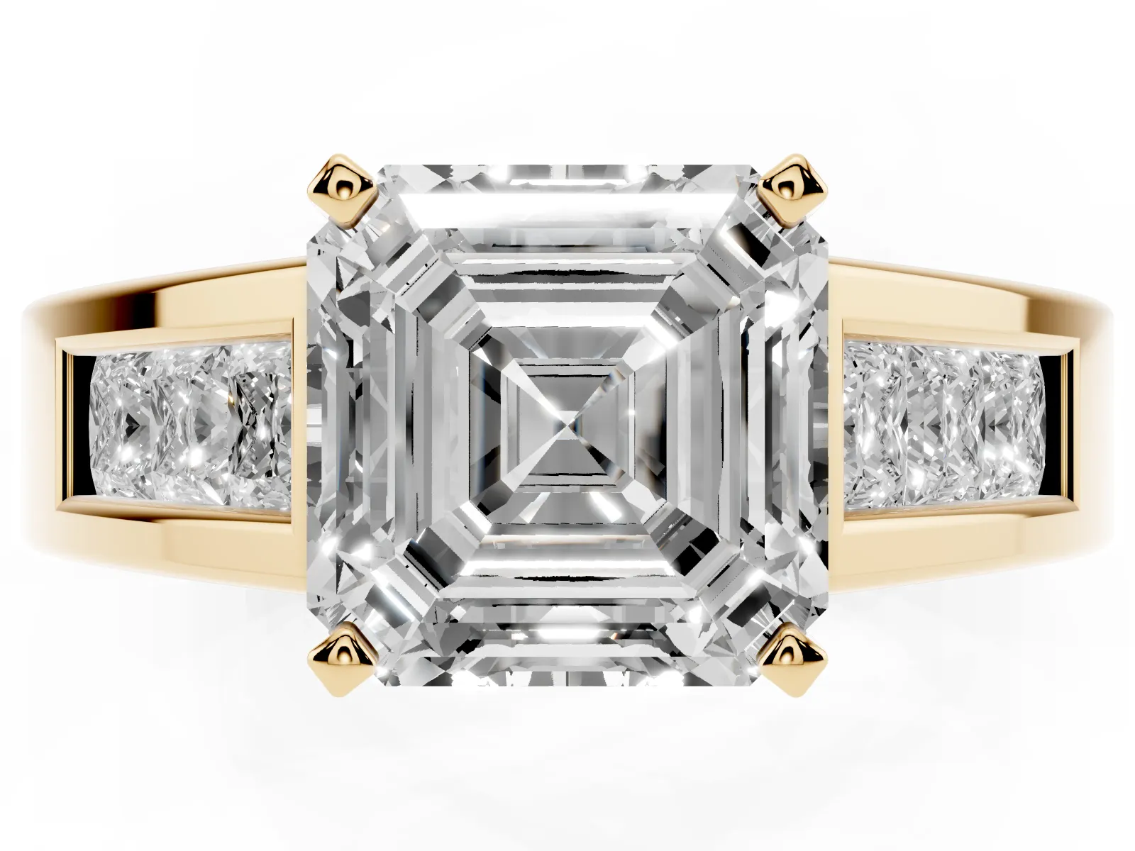 Asscher Cut Cut Channel Set Solitaire Ring with Four-Prong Setting Yellow gold