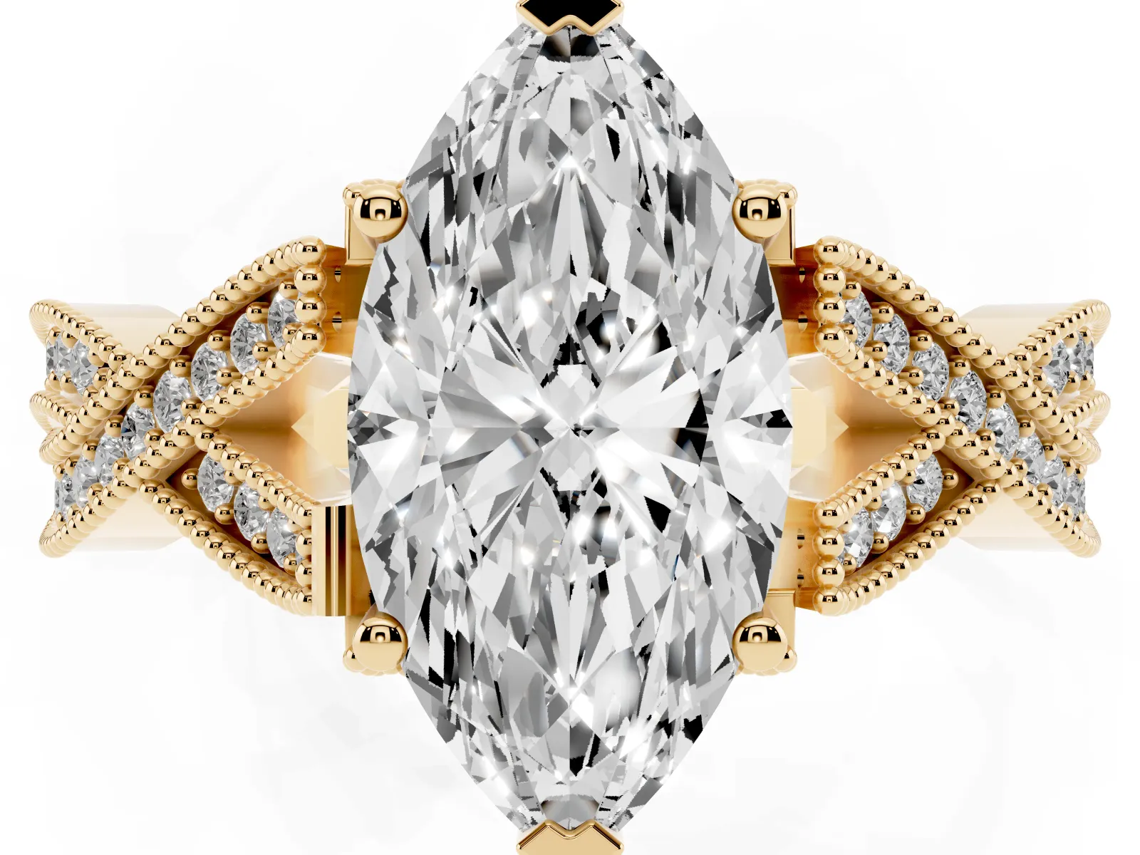 Marquise Cut Cut Diamond Twisted Band with Milgrain Pave Setting and Four-Prong Setting Yellow gold