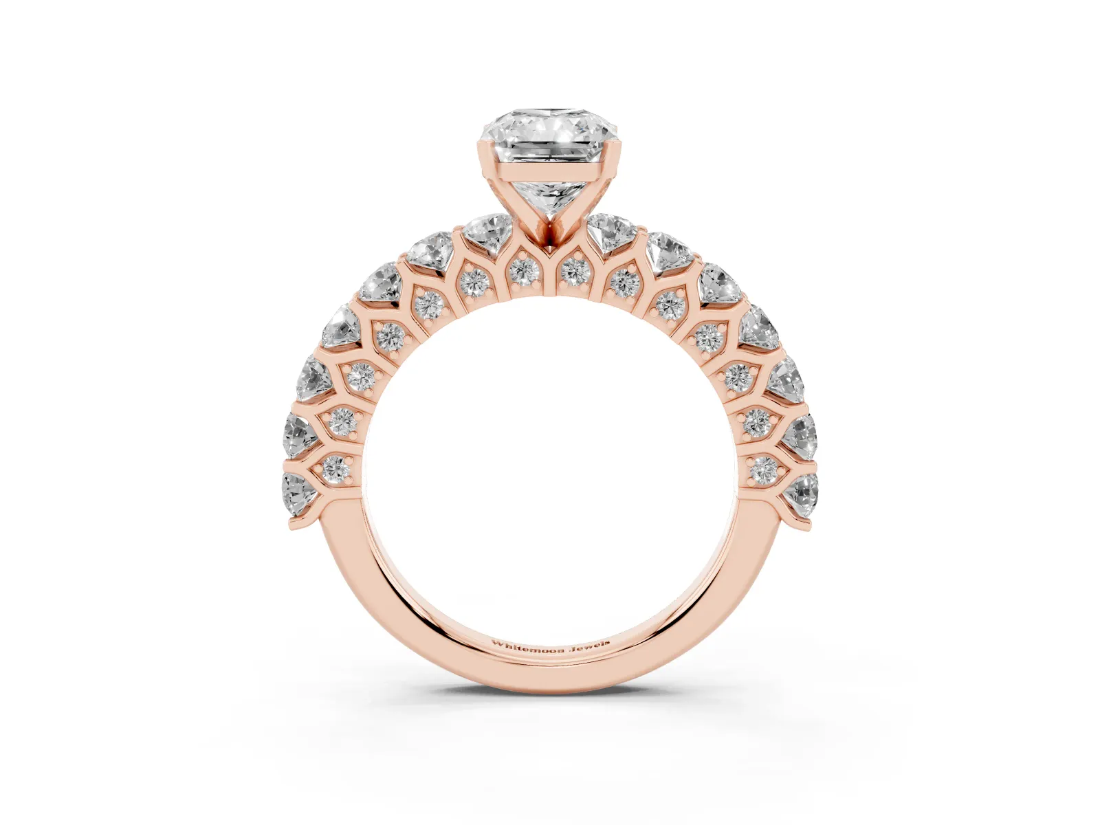 Radiant Cut Diamond Solitaire Ring with Shared Prong Pavé Band and Four-Prong Setting Rose gold