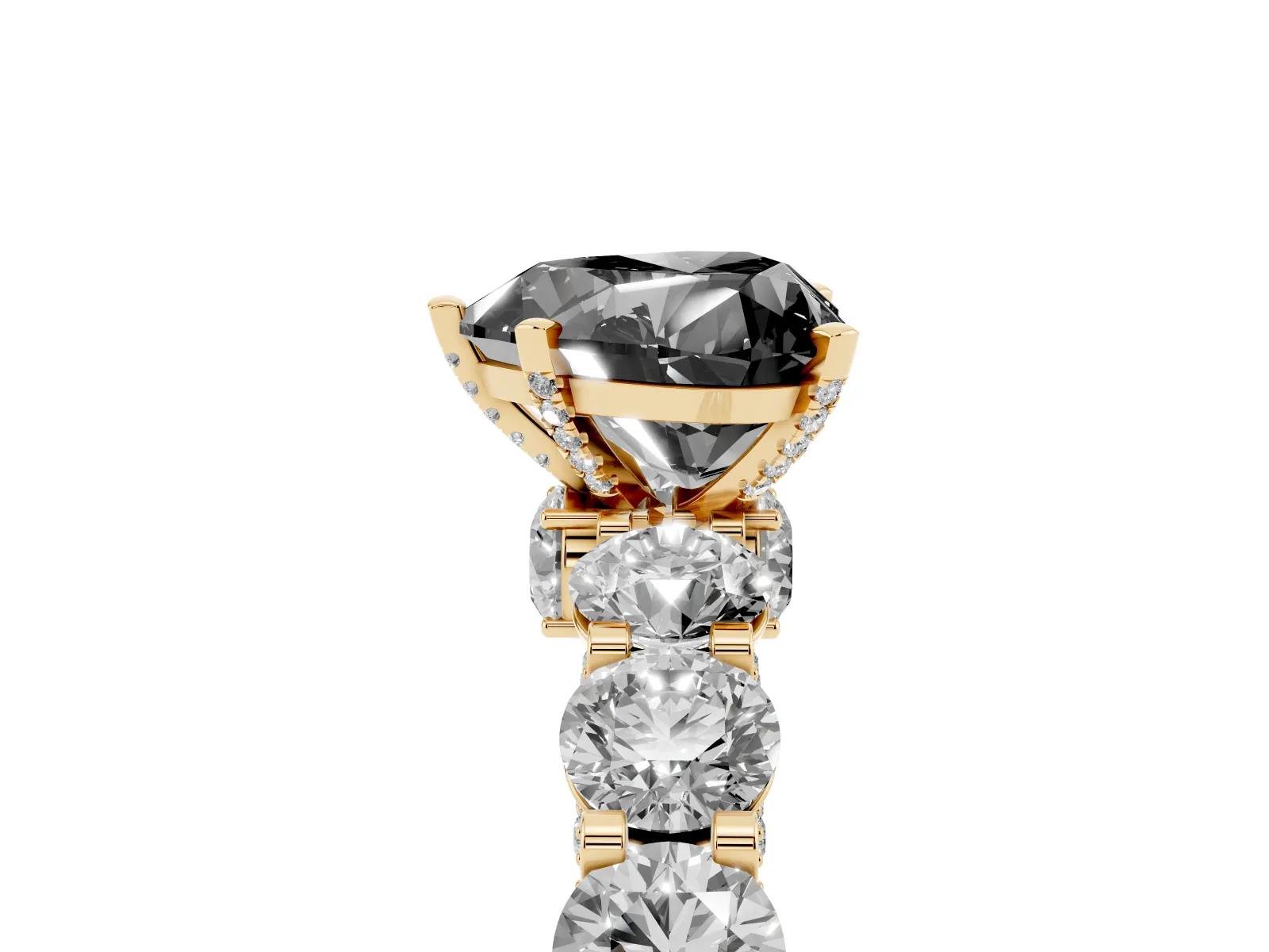Fancy Black Heart Cut Diamond Side Stone Engagement Ring with Four-Prong Setting Yellow gold