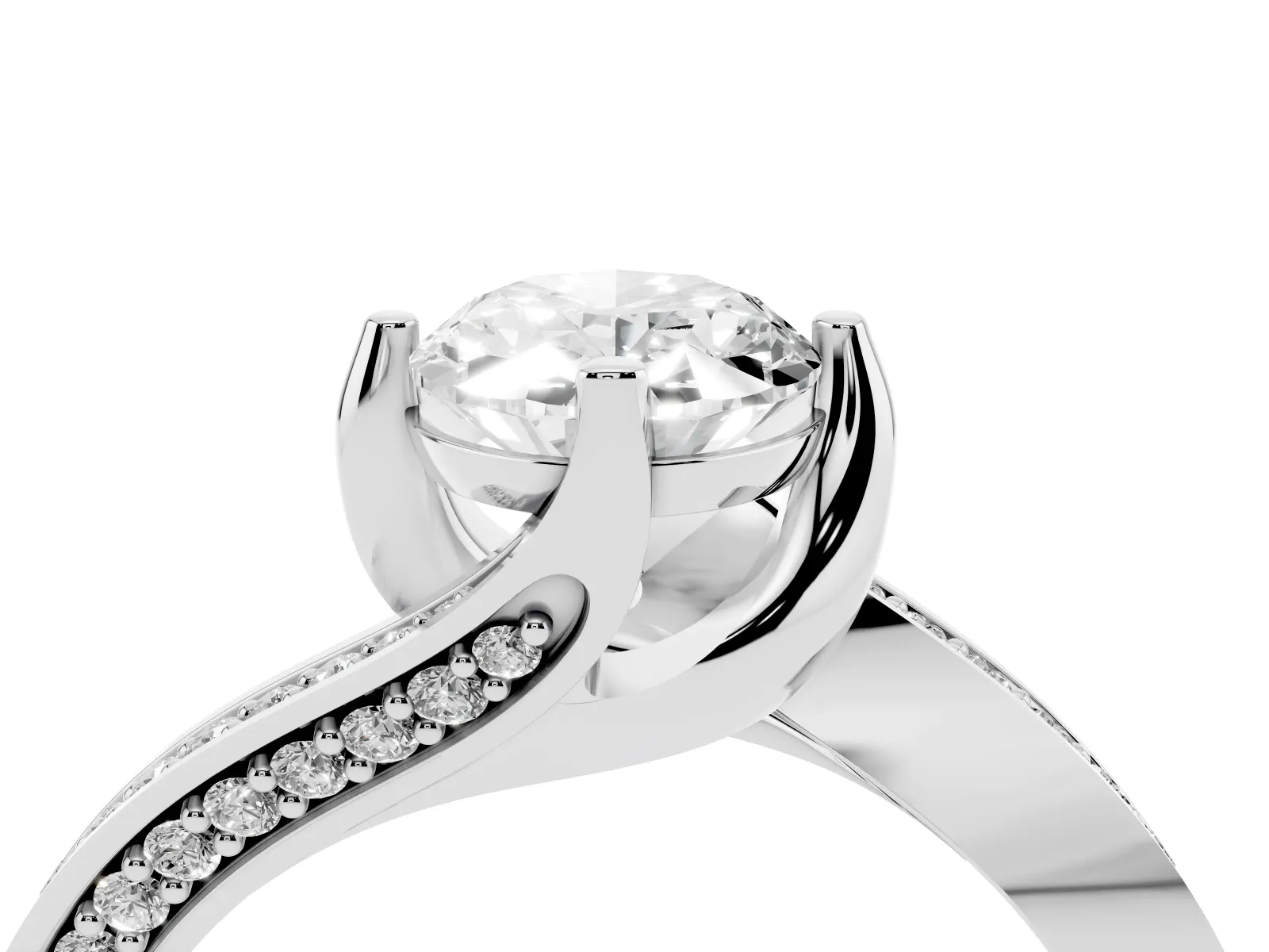 Oval Cut Solitaire Diamond Twist Band with Pavé Setting and Four-Prong Setting Platinum