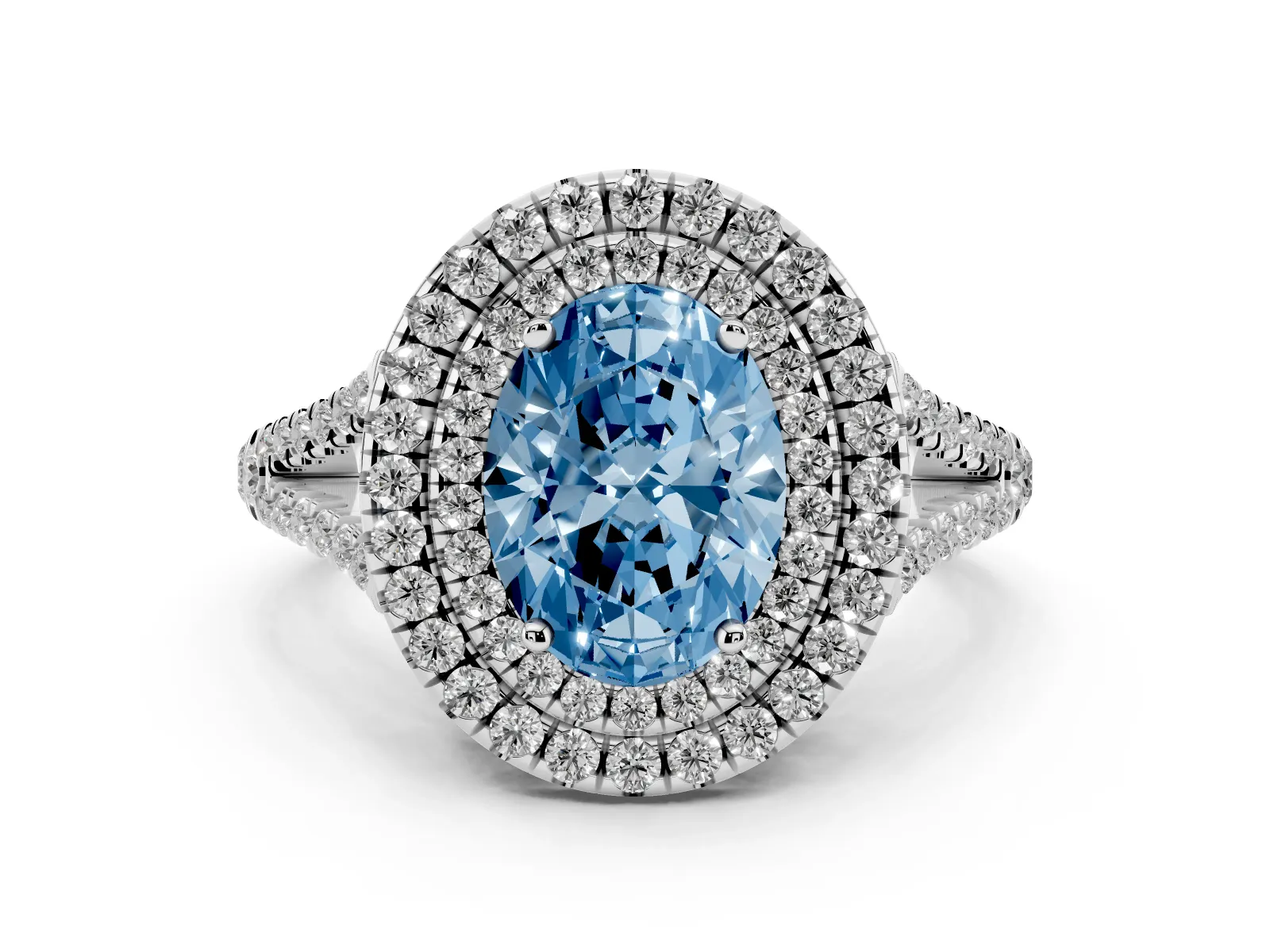 Fancy Blue Oval Cut Diamond Double Halo Ring with Pavé Band and Prong Setting Platinum