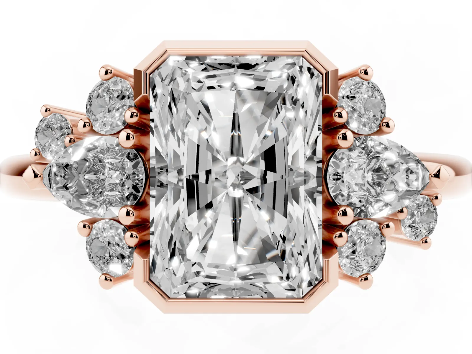 Radiant Diamond Engagement Ring with Pear and Round Side Stones Rose gold