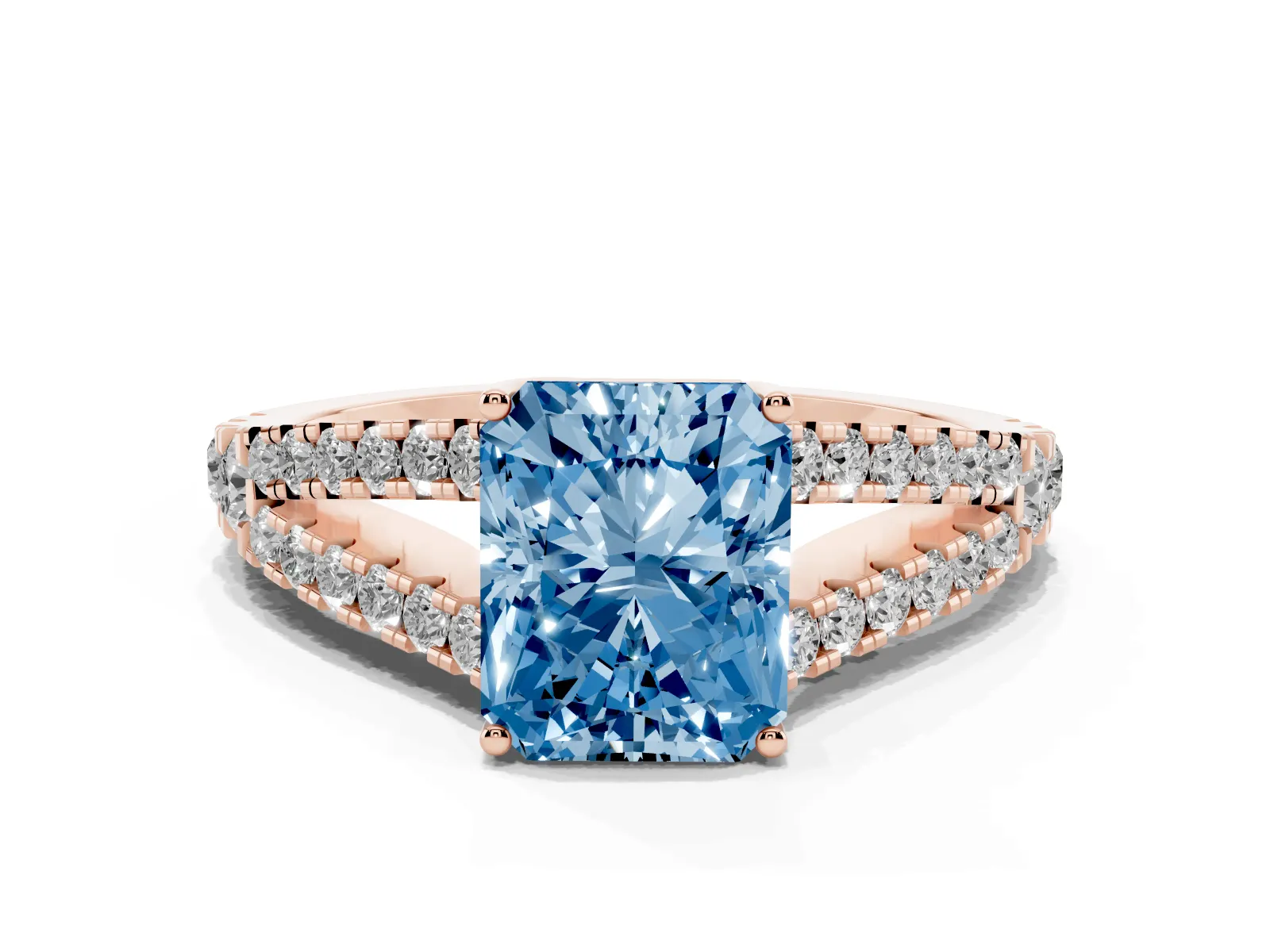 Fancy Blue Radiant Cut Diamond Split Shank Engagement Ring with Round Pavé and Prong Setting Rose gold