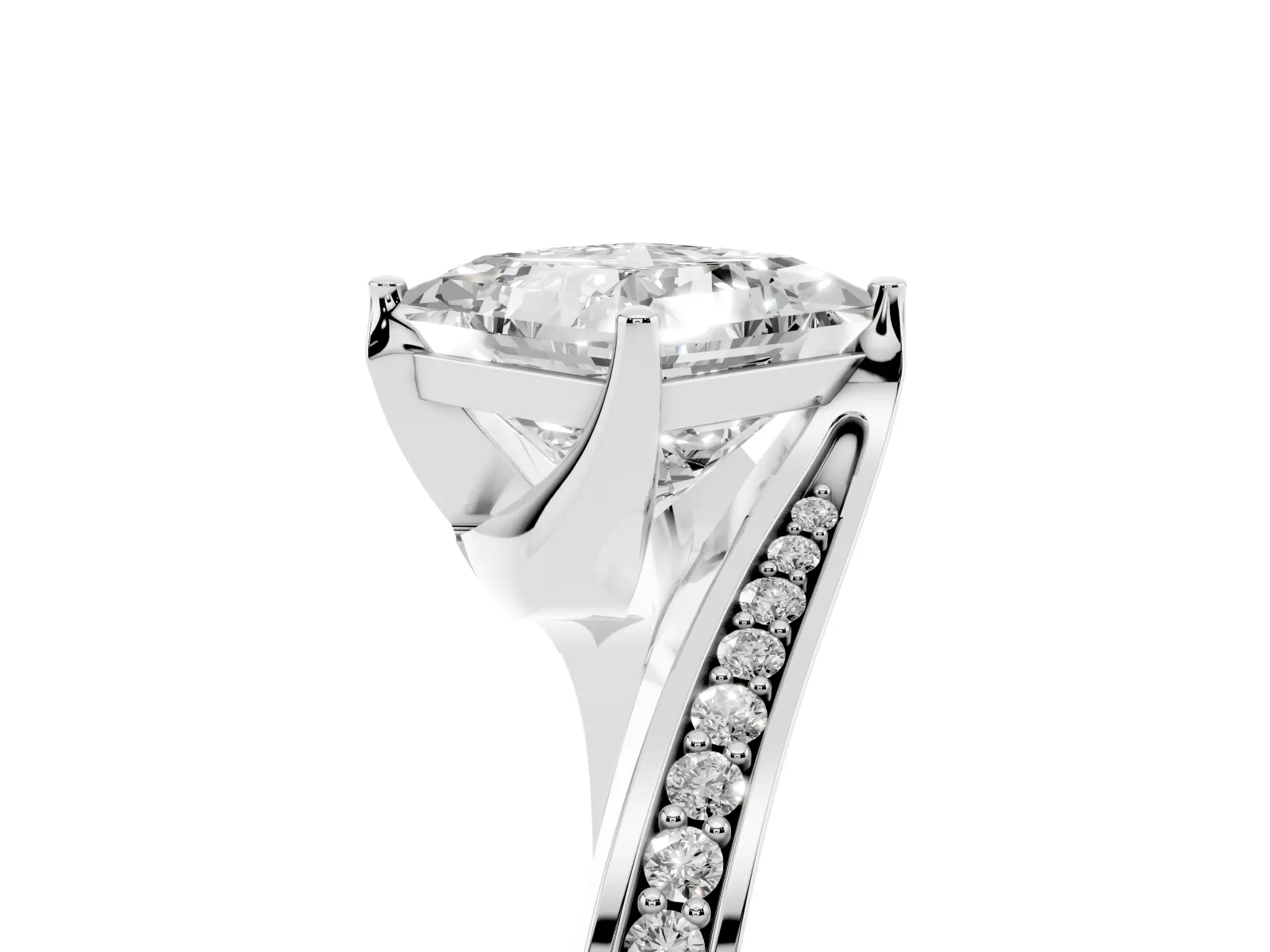 Princess Cut Solitaire Diamond Twist Band with Pavé Setting and Four-Prong Setting Platinum