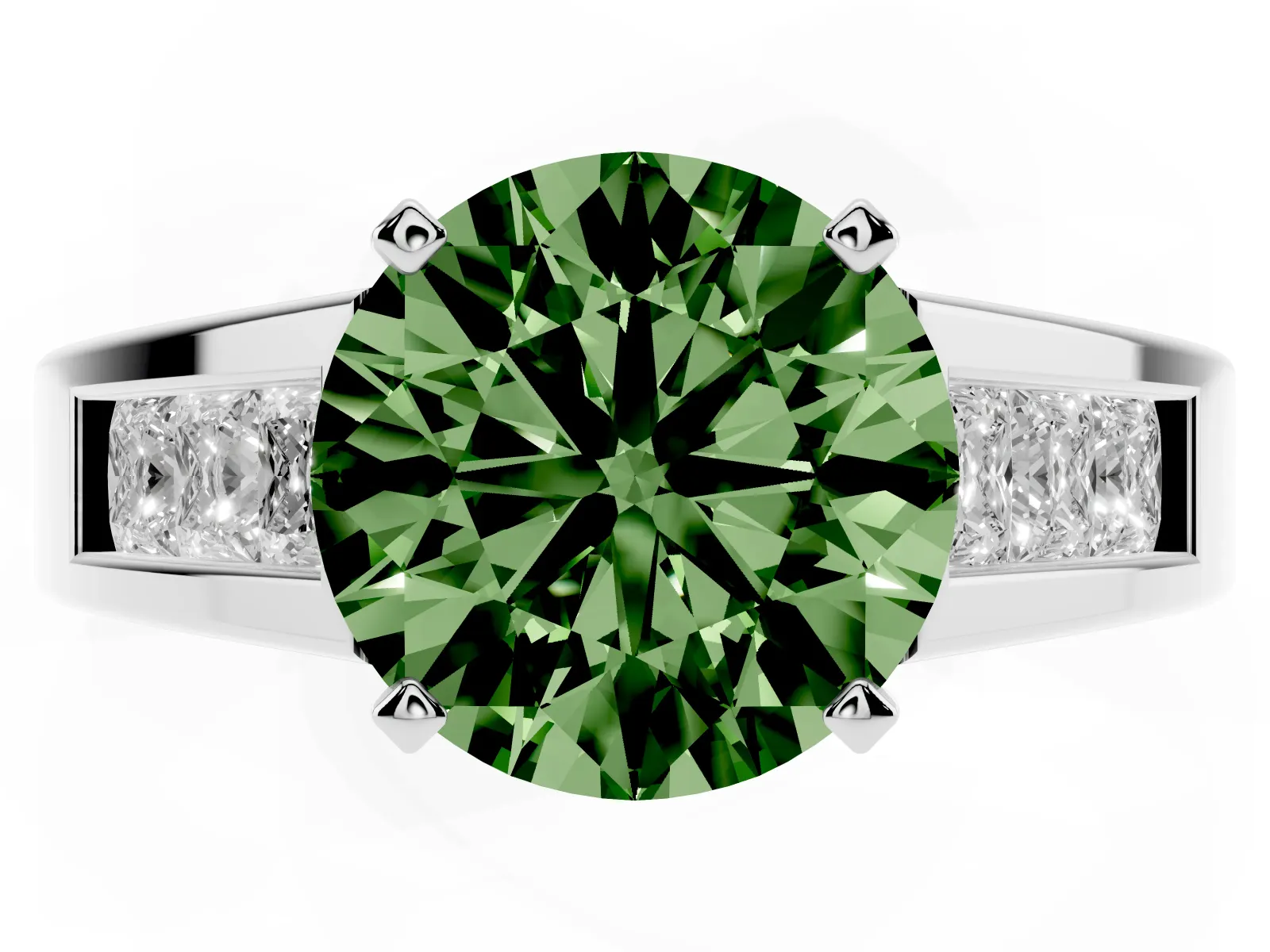 Fancy Green Round Cut Cut Channel Set Solitaire Ring with Four-Prong Setting Platinum