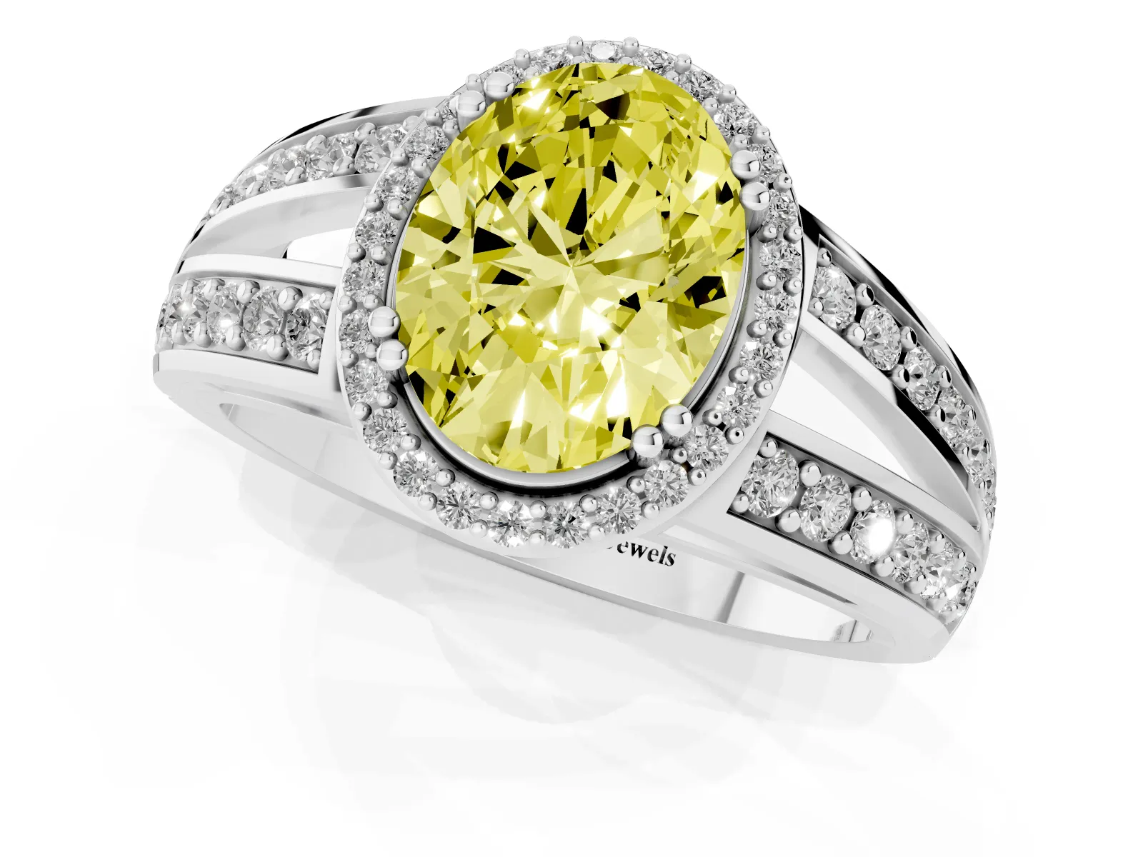 Fancy Yellow Oval Cut Diamond Halo Ring with Split Shank Pavé Band and Four-Prong Setting White gold