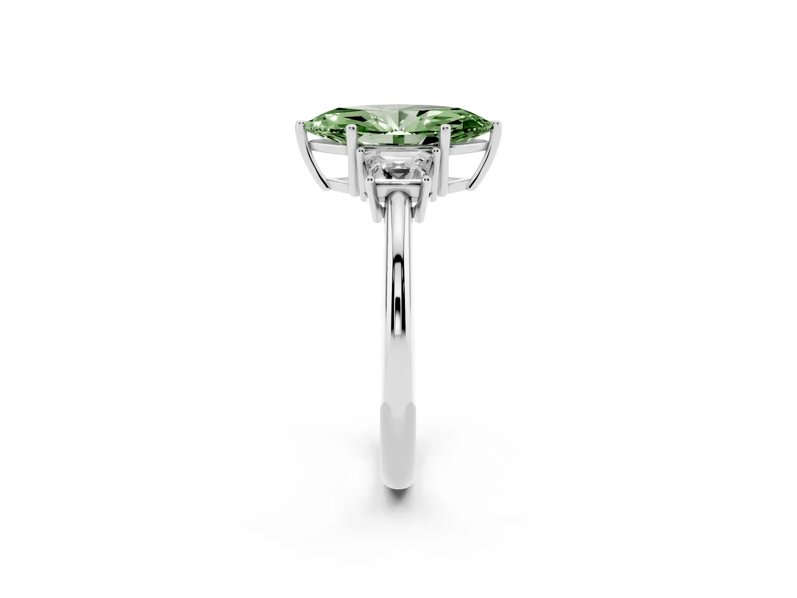 Fancy Green Marquise Cut Diamond Three-Stone Ring with Trapezoid Side Stones and Prong Setting Platinum