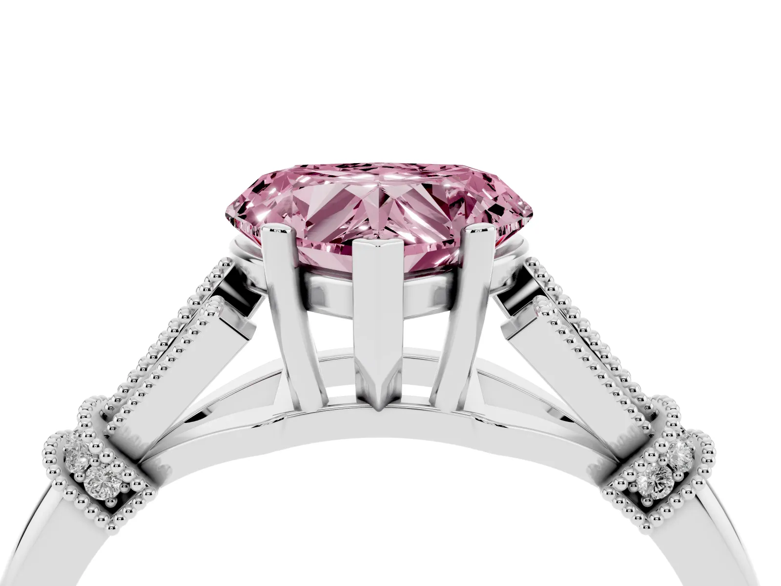 Fancy Pink Heart Cut Diamond Solitaire Ring with Floral Filigree and Pave Accents Platinum