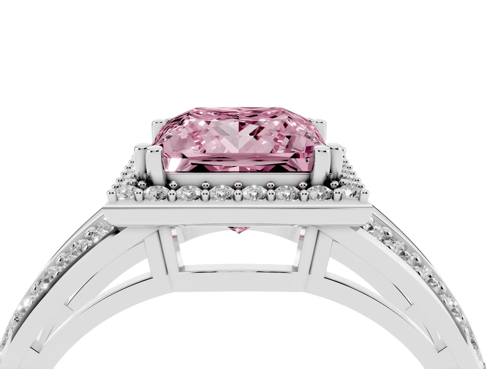 Fancy Pink Princess Cut Diamond Halo Ring with Split Shank Pavé Band and Four-Prong Setting Platinum