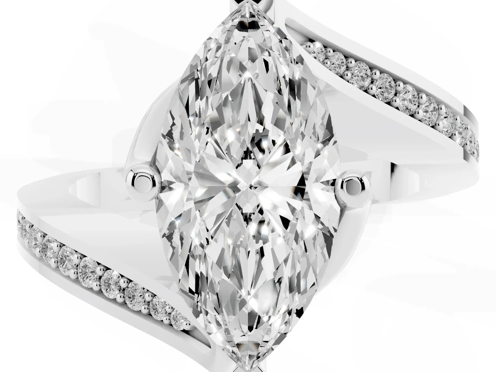Marquise Cut Solitaire Diamond Twist Band with Pavé Setting and Four-Prong Setting Platinum
