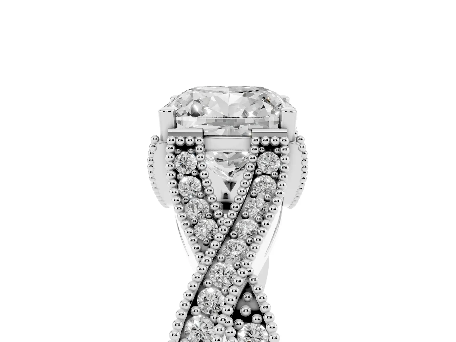 Cushion Cut Cut Diamond Twisted Band with Milgrain Pave Setting and Four-Prong Setting Platinum