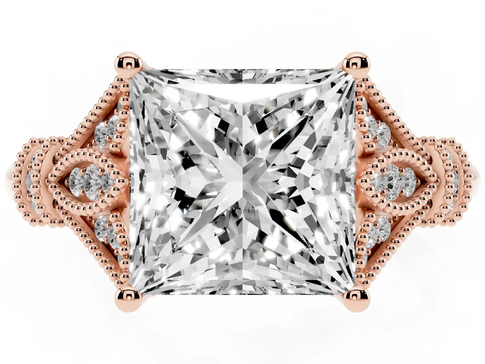 Princess Cut Diamond Solitaire Ring with Floral Filigree and Pave Accents Rose gold