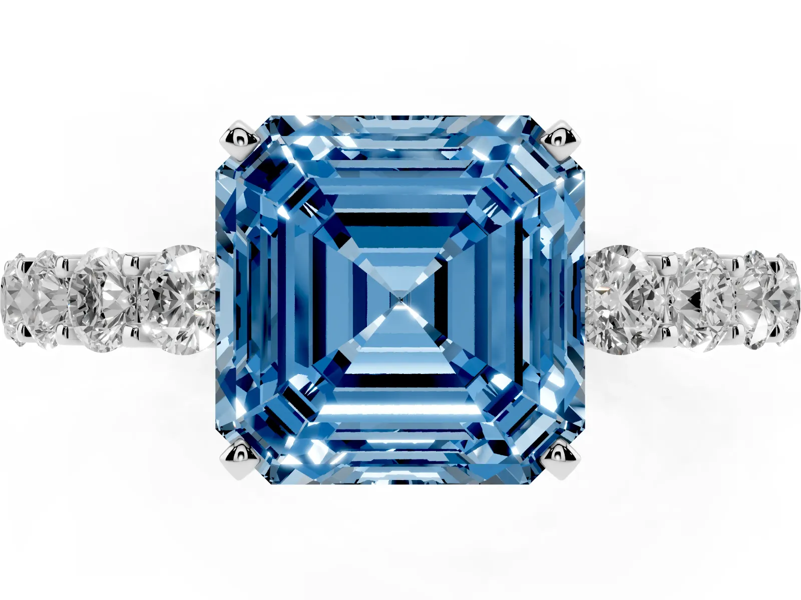 Fancy Blue Asscher Cut Diamond Solitaire Ring with Shared Prong Pavé Band and Four-Prong Setting White gold
